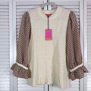 THML Sabrina Mixed Media Sweater Knit Chiffon Cream Size Small NWT